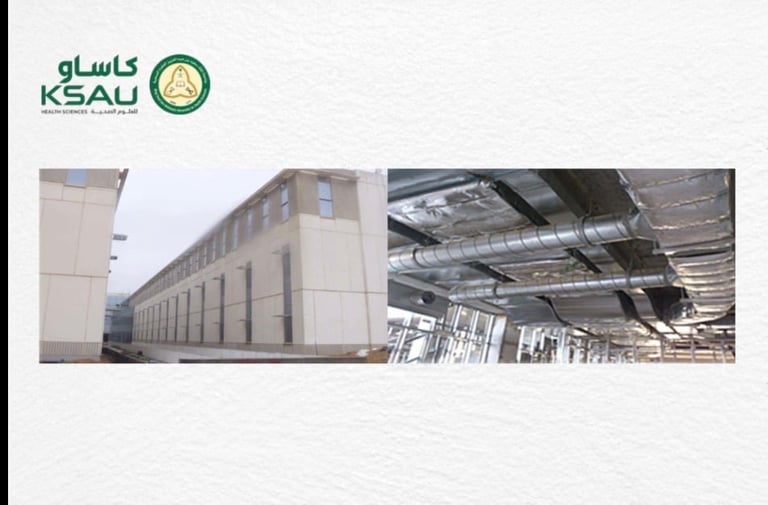 KSAU institutional buildings showing exterior facade and interior industrial facility with metal framework and ceiling systems