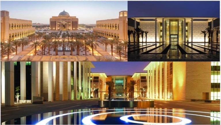 Luxury hotel complex featuring exterior courtyard with fountains, illuminated corridors with columns, and elegant lobby with reflective flooring and geometric patterns