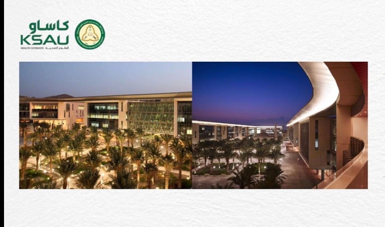 KSAU university campus at dusk with illuminated buildings, palm trees, and modern architecture